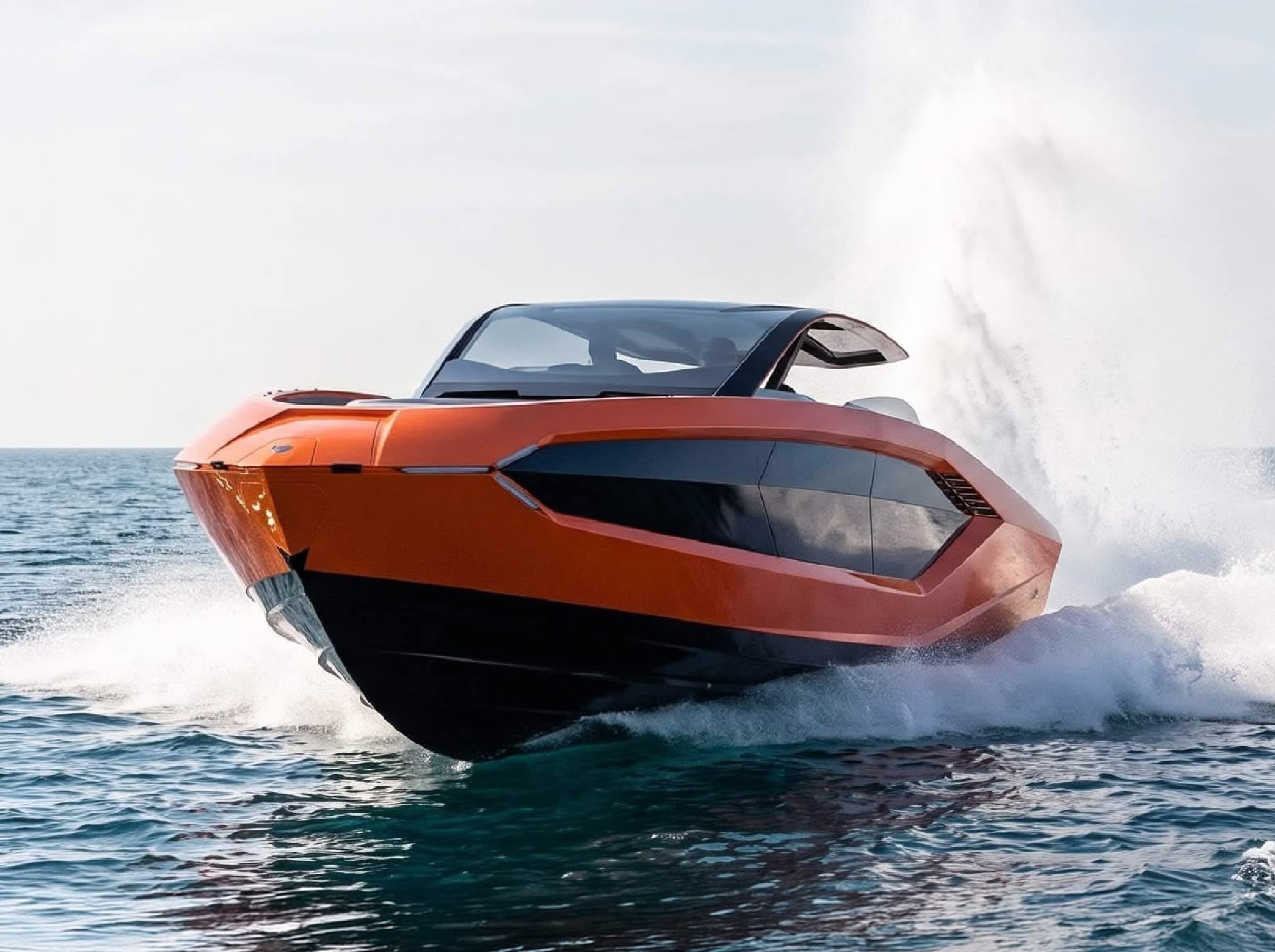 An orange and black sports yacht running at speed through open water