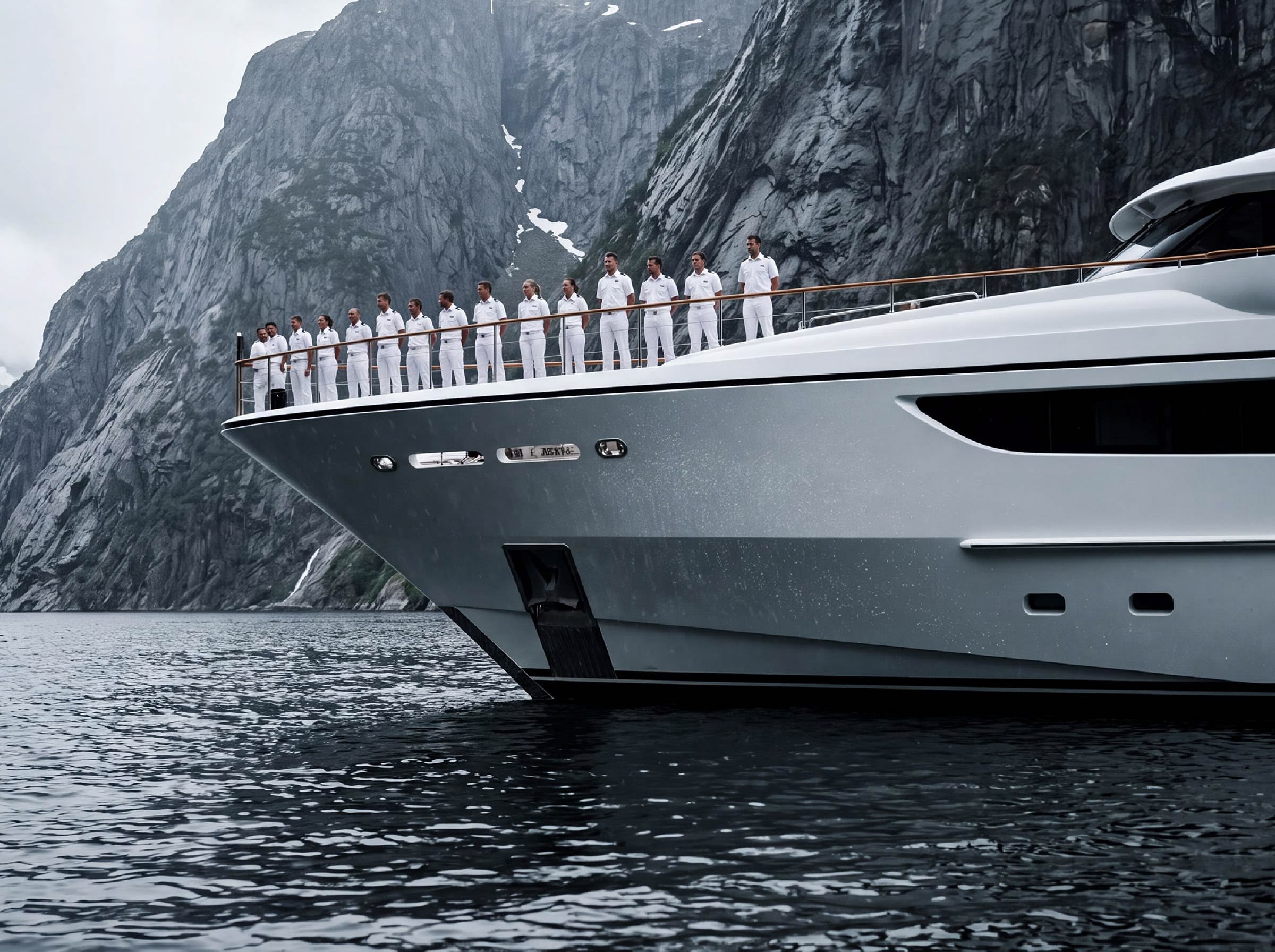 A uniformed crew lined up along the foredeck of a white motor yacht below a steep cliff