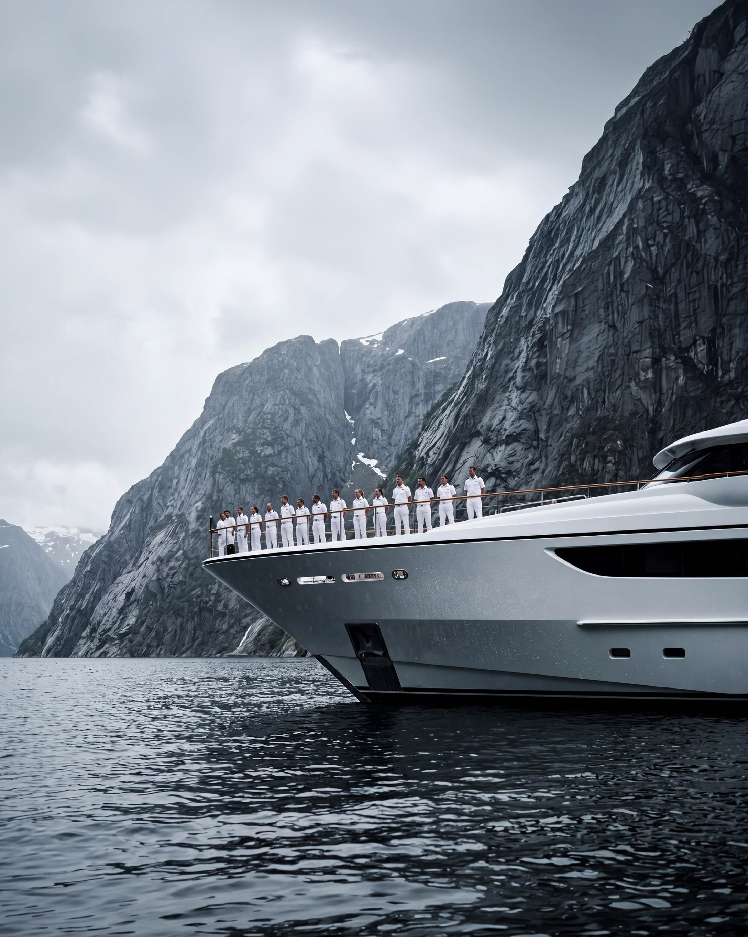 A white motor yacht lying in still water below a steep grey mountain wall, her crew lined along the side deck.