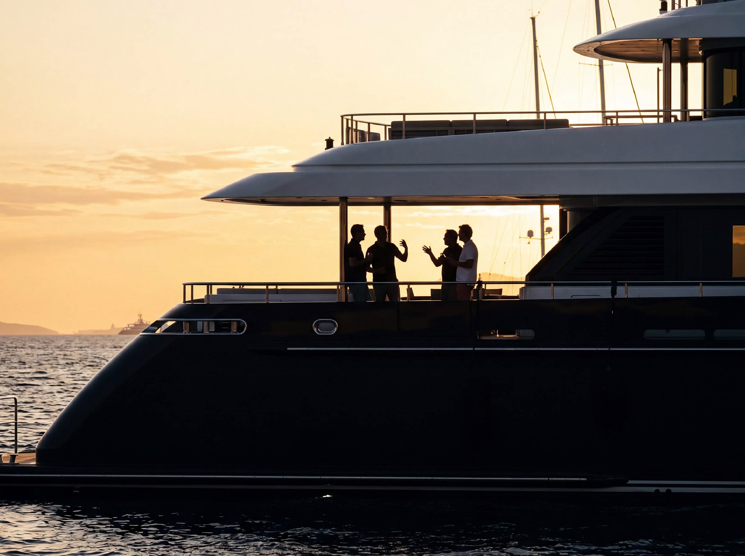 Guests and crew standing on the aft deck of a dark hulled superyacht at sunset