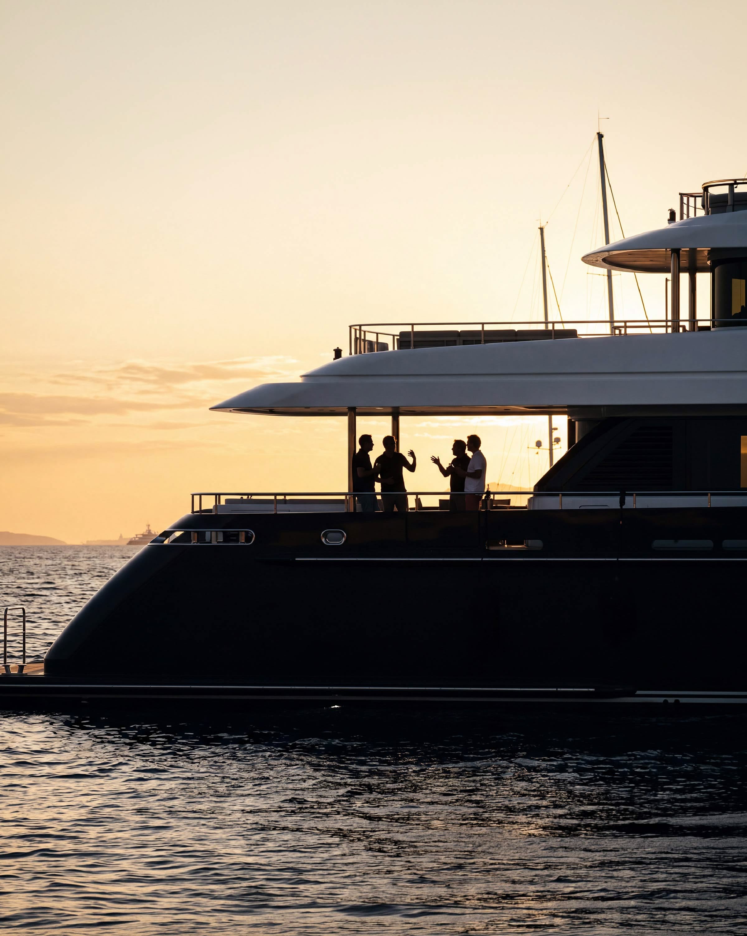 A dark hulled motor yacht lying at anchor at sunset, two people talking on her aft deck.