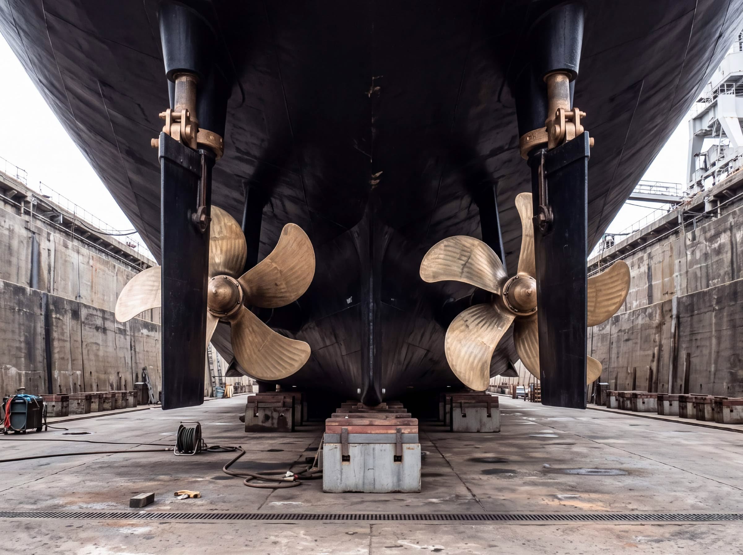 Twin bronze propellers and rudders under a yacht hull standing in a dry dock