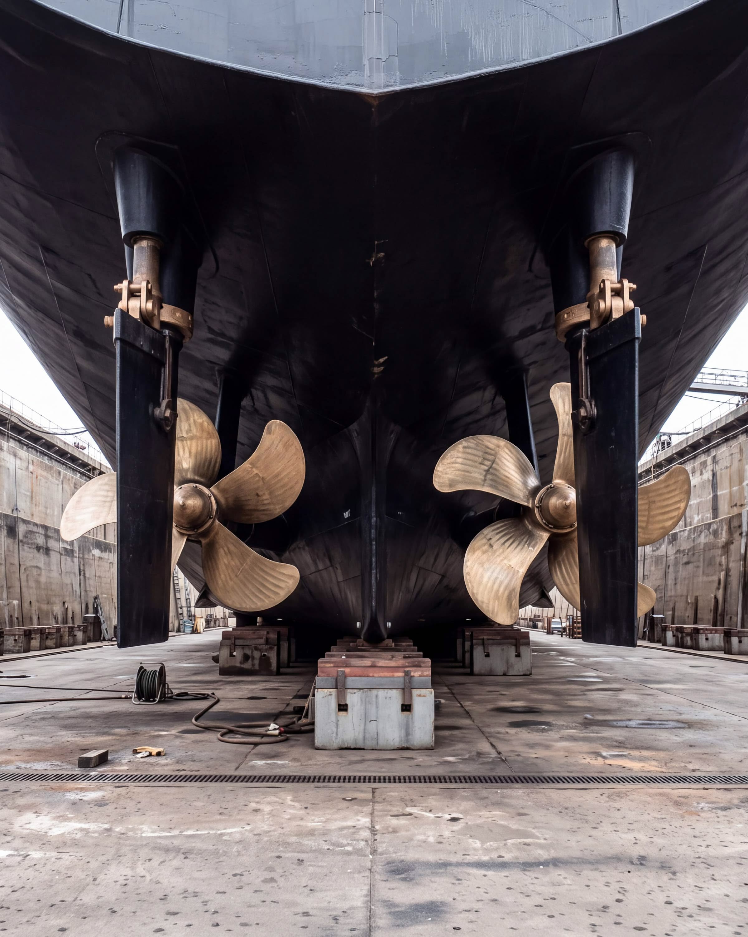 A large yacht sitting on blocks in a dry dock, seen from astern with both propellers and rudders bare.